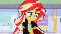 Size: 3072x1727 | Tagged: safe, derpibooru import, screencap, sunset shimmer, human, equestria girls, mirror magic, spoiler:eqg specials, book, canterlot mall, clothes, female, geode of empathy, image, jacket, jewelry, jpeg, leather, leather jacket, lip bite, magical geodes, necklace, solo