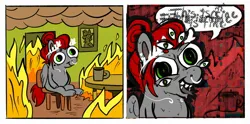 Size: 2400x1194 | Tagged: safe, alternate version, artist:opalacorn, derpibooru import, oc, oc:void, unofficial characters only, pegasus, pony, 2 panel comic, alternate character, coffee mug, comic, dialogue, distorted text, female, fire, forked tongue, image, jpeg, laurel, mare, mug, multiple eyes, nose piercing, nose ring, piercing, sharp teeth, solo, speech bubble, teeth, this is fine