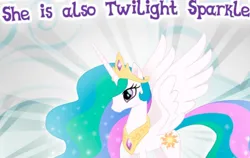 Size: 728x461 | Tagged: safe, derpibooru import, princess celestia, alicorn, pony, blatant lies, cropped, crown, english, ethereal mane, female, gameloft, horn, image, implied twilight sparkle, jewelry, mare, meme, my little pony: magic princess, png, regalia, solo, spread wings, text, wings, wow! glimmer, wrong