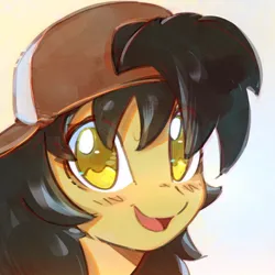 Size: 600x600 | Tagged: safe, artist:mirroredsea, derpibooru import, oc, oc:hay tea, unofficial characters only, pony, backwards ballcap, baseball cap, bust, cap, hat, image, jpeg, looking at you, open mouth, portrait, smiling, solo