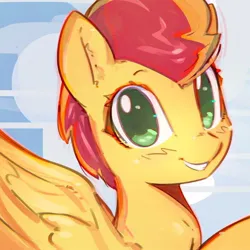 Size: 600x600 | Tagged: safe, artist:mirroredsea, derpibooru import, oc, oc:panic, unofficial characters only, pegasus, pony, bust, grin, image, jpeg, looking at you, raised hoof, smiling, solo