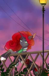 Size: 1500x2300 | Tagged: safe, artist:mari_deer, derpibooru import, oc, oc:rose regalia, unofficial characters only, pony, unicorn, beautiful, clothes, evening, eye clipping through hair, eyebrows, eyebrows visible through hair, female, green eyes, horn, image, lamp, lamppost, mare, plant, png, railing, rapier, red hair, solo, sword, unicorn oc, weapon