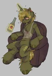 Size: 1141x1675 | Tagged: safe, artist:mxmx fw, derpibooru import, oc, oc:swarm, fly, insect, pony, undead, unicorn, zombie, zombie pony, alcohol, armchair, bags under eyes, blood, blood stains, bottle, chair, chest fluff, cider, clothes, ear fluff, fangs, gray background, hoof fluff, horn, image, magic, messy mane, png, scar, simple background, sitting, solo, telekinesis, thin, unshorn fetlocks