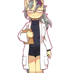 Size: 1159x1159 | Tagged: safe, artist:cold-blooded-twilight, derpibooru import, oc, oc:mercury shine, unofficial characters only, anthro, unicorn, :3, blushing, clothes, cute, eyes closed, flower, flower in hair, glasses, image, lab coat, png, simple background, smiling, solo, transparent background