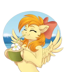 Size: 4000x4500 | Tagged: safe, artist:silverfir, derpibooru import, oc, oc:deliambre, unofficial characters only, pegasus, pony, bow, drink, drinking, drinking straw, ear fluff, eyes closed, floppy ears, flower, hair bow, image, png, smiling, spread wings, wings