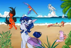 Size: 4000x2700 | Tagged: safe, artist:mari_deer, derpibooru import, oc, oc:ever ready, oc:shady apple, unofficial characters only, bird, earth pony, pegasus, pony, unicorn, beach, beach chair, blushing, boat, bucket, butt, chair, clothes, cloud, cowboy hat, earth pony oc, eyes closed, female, flying, group, happy, hat, high res, horn, image, island, looking at you, looking back, looking back at you, lounging, male, ocean, pegasus oc, plant, png, purple eyes, sand, see-through, summer, tail, tail bun, underwear, unicorn oc, vacation, water, wings