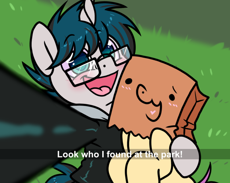 Size: 1289x1027 | Tagged: safe, artist:paperbagpony, derpibooru import, oc, oc:invictus europa, oc:paper bag, clothes, glasses, grass, image, jacket, png, selfie