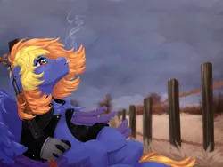 Size: 4000x3000 | Tagged: suggestive, artist:silverfir, derpibooru import, oc, pegasus, pony, amputee, barbed wire, chest fluff, cigarette, clothes, cloud, cloudy, eye scar, facial scar, fence, field, floppy ears, fluffy, image, jacket, leather, leather jacket, pensive, png, prosthetic limb, prosthetics, rain, scar, sitting, sky, smoke, smoking, spread wings, weapon, wind, windswept mane, wings