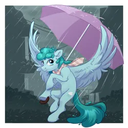 Size: 3000x3000 | Tagged: safe, artist:silverfir, derpibooru import, spring melody, sprinkle medley, pegasus, pony, clothes, cloud, cloudy, image, png, rain, raised hoof, scarf, smiling, solo, spread wings, umbrella, wings
