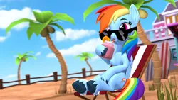 Size: 3840x2160 | Tagged: safe, artist:owlpirate, derpibooru import, rainbow dash, pegasus, pony, 3d, 4k, beach, beach chair, chair, drink, drinking, drinking straw, female, high res, hoof hold, image, mare, palm tree, png, sitting, solo, source filmmaker, sunglasses, tree, unshorn fetlocks