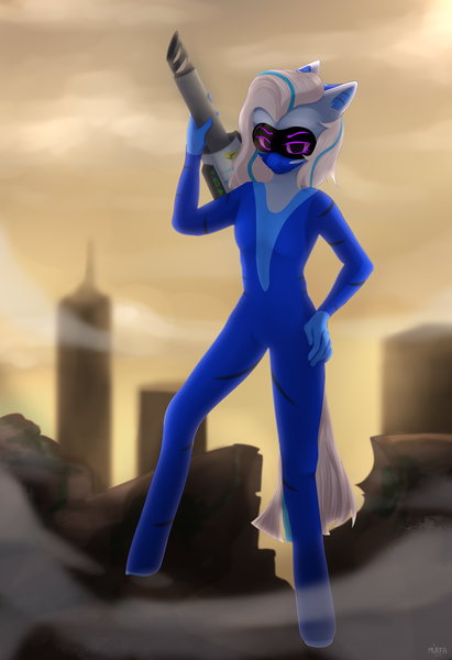 Size: 2400x3500 | Tagged: artist needed, safe, derpibooru import, oc, oc:xfr-01 aquilla, unofficial characters only, anthro, original species, robot, robot pony, unguligrade anthro, anatomically incorrect, image, incorrect leg anatomy, mecha, mecha (elepatrium), png, post-apocalyptic, solo, weapon