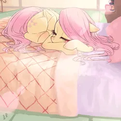 Size: 2000x2000 | Tagged: safe, artist:yanamosuda, derpibooru import, fluttershy, pegasus, pony, album cover, bed, eyes closed, female, high res, image, lying down, mare, png, prone, sleeping, solo