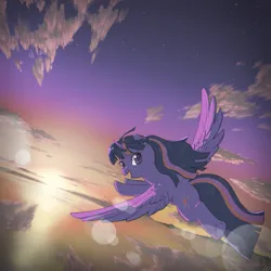 Size: 2577x2577 | Tagged: safe, artist:yanamosuda, derpibooru import, twilight sparkle, twilight sparkle (alicorn), alicorn, pony, album cover, cloud, dutch angle, female, flying, high res, image, lens flare, looking back, mare, open mouth, outdoors, png, sky, solo, spread wings, sunset, wings