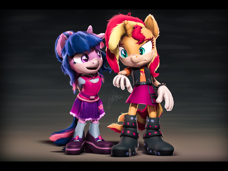 Size: 7200x5400 | Tagged: safe, artist:imafutureguitarhero, derpibooru import, sci-twi, sunset shimmer, twilight sparkle, anthro, plantigrade anthro, pony, unicorn, equestria girls, 3d, absurd file size, absurd resolution, arm fluff, arm freckles, belt, belt buckle, black bars, blushing, boots, bowtie, bracelet, cheek fluff, chromatic aberration, clothes, colored eyebrows, colored eyelashes, crossover, duo, ear fluff, ear freckles, equestria girls 10th anniversary, equestria girls outfit, female, film grain, floppy ears, fluffy hair, fluffy mane, fluffy tail, freckles, hands behind back, height difference, horn, image, implied transformation, inspired by another artist, jacket, jewelry, jpeg, leg fluff, leg freckles, lesbian, looking at someone, mare, mobian, multicolored hair, multicolored mane, multicolored tail, nose wrinkle, open mouth, peppered bacon, revamped anthros, revamped ponies, scitwishimmer, shipping, shirt, shoes, signature, skirt, smiling, socks, sonic the hedgehog (series), sonicified, source filmmaker, spiked wristband, sunsetsparkle, tail, unicorn twilight, vest, wall of tags, wristband