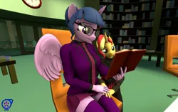 Size: 3449x2160 | Tagged: safe, artist:rainsstudio, derpibooru import, sci-twi, sunset shimmer, twilight sparkle, alicorn, anthro, plantigrade anthro, unicorn, 3d, blazer, book, breasts, canterlot high, clothes, duo, equestria girls 10th anniversary, female, glasses, hand on leg, holding hands, image, jacket, kneeling, lesbian, library, necktie, nexgen, pants, png, reading, reasonably sized breasts, school, school uniform, scitwishimmer, shipping, shirt, sitting, skirt, smiling, socks, source filmmaker, stockings, studs, sunsetsparkle, thigh highs
