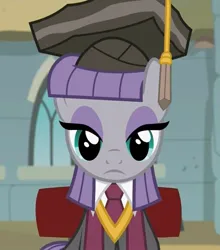 Size: 728x827 | Tagged: safe, derpibooru import, screencap, maud pie, earth pony, pony, rock solid friendship, chair, clothes, college, female, graduation, graduation cap, hat, image, jpeg, mare, necktie, robe, rocktorate, sitting, solo, stage