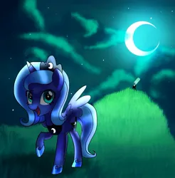 Size: 987x1005 | Tagged: safe, artist:andromedasparkz, derpibooru import, princess luna, alicorn, pony, cloud, crown, female, filly, foal, grass, image, jewelry, jpeg, moon, moonlight, night, open mouth, raised hoof, regalia, solo, stars, telescope, woona, younger