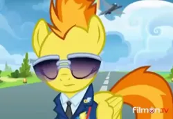 Size: 1198x823 | Tagged: safe, derpibooru import, screencap, spitfire, pegasus, pony, top bolt, bush, clothes, cloud, cropped, drill sergeant, eyes closed, female, grass, image, jpeg, mare, necktie, solo, suit, sunglasses, uniform, whistle, whistle necklace, wonderbolts dress uniform