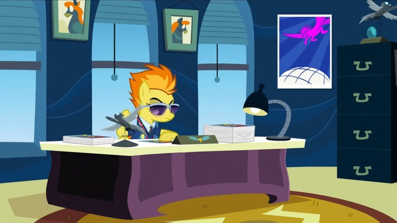 Size: 2160x1213 | Tagged: safe, derpibooru import, screencap, spitfire, pegasus, pony, wonderbolts academy, autograph, clothes, drill sergeant, female, image, jpeg, lamp, mare, necktie, office, poster, solo, spitfire's office, suit, sunglasses, uniform, whistle, whistle necklace, window, wonderbolts dress uniform