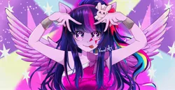 Size: 3960x2040 | Tagged: safe, artist:vowelai, derpibooru import, twilight sparkle, human, equestria girls, rainbow rocks, ai hoshino, anime reference, anime style, female, high res, image, jpeg, oshi no ko, peace sign, ponied up, pony ears, solo, tongue out, wingding eyes, wings