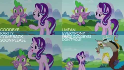 Size: 2000x1125 | Tagged: safe, derpibooru import, edit, edited screencap, editor:quoterific, screencap, discord, spike, starlight glimmer, a matter of principals, image, implied rarity, png