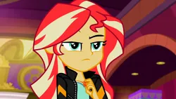 Size: 3072x1727 | Tagged: safe, derpibooru import, screencap, sunset shimmer, human, equestria girls, mirror magic, spoiler:eqg specials, clothes, eyebrows, female, frown, geode of empathy, image, jacket, jewelry, jpeg, leather, leather jacket, magical geodes, necklace, raised eyebrow, solo