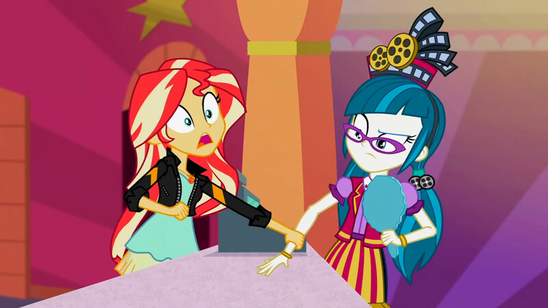 Size: 3072x1727 | Tagged: safe, derpibooru import, screencap, juniper montage, sunset shimmer, human, equestria girls, mirror magic, spoiler:eqg specials, clothes, duo, duo female, female, frown, gasp, geode of empathy, glasses, image, jacket, jewelry, jpeg, leather, leather jacket, magical geodes, necklace, open mouth