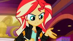 Size: 3072x1727 | Tagged: safe, derpibooru import, screencap, sunset shimmer, human, equestria girls, mirror magic, spoiler:eqg specials, clothes, female, frown, geode of empathy, image, jacket, jewelry, jpeg, leather, leather jacket, magical geodes, necklace, solo