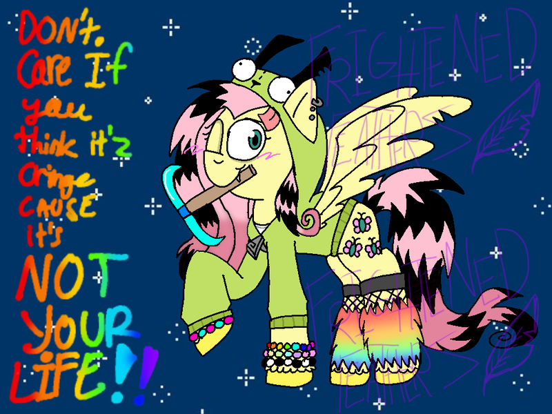 Size: 1024x768 | Tagged: safe, artist:frightenedfeathers, derpibooru import, fluttershy, pegasus, pony, antonymph, blushing, bracelet, cute, cute little fangs, diamond pickaxe, ear piercing, fangs, fluttgirshy, gir, image, jewelry, minecraft, one eye closed, pickaxe, piercing, png, solo, spread wings, vylet pony, wings