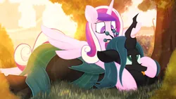 Size: 3840x2160 | Tagged: safe, artist:glutenfree_texmex, derpibooru import, princess cadance, queen chrysalis, alicorn, changeling, changeling queen, pony, blushing, bush, castle, crepuscular rays, cuddling, cute, derpibooru exclusive, evening, fangs, female, foliage, friendshipping, grass, hape, hug, image, lens flare, lying down, non-consensual cuddling, not sure if want, open mouth, outdoors, personal space invasion, png, prone, smiling, snuggling, spread wings, summer, tackle, tongue out, tree, unamused, wings