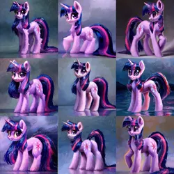 Size: 1536x1536 | Tagged: safe, derpibooru import, machine learning generated, stable diffusion, twilight sparkle, pony, unicorn, 3d, ai content, cgi, cheek fluff, collage, couch, cum, cute, cutie mark, detailed, detailed hair, ear fluff, eyes open, facial, full body, fur, horn, horns, image, looking at you, oil, oil painting, png, quality, solo, standing, traditional art, twiabetes, window