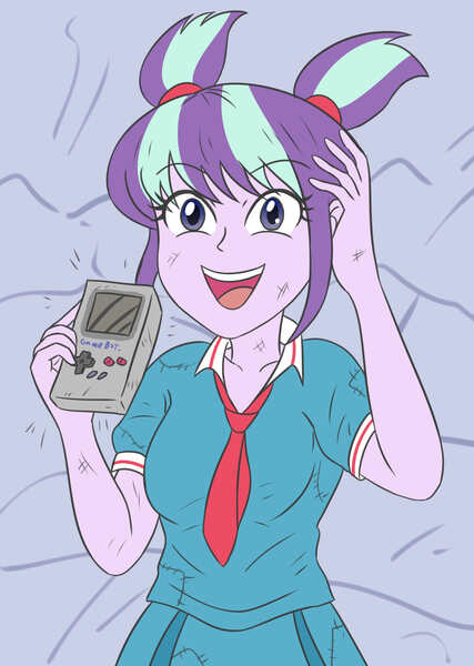 Size: 1975x2775 | Tagged: safe, artist:sumin6301, derpibooru import, starlight glimmer, human, equestria girls, clothes, female, game boy, high res, image, jpeg, nintendo, open mouth, school uniform, scratches, solo, younger