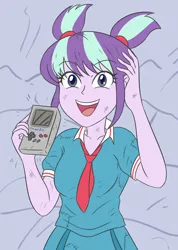 Size: 1975x2775 | Tagged: safe, artist:sumin6301, derpibooru import, starlight glimmer, human, equestria girls, clothes, female, game boy, high res, image, jpeg, nintendo, open mouth, school uniform, scratches, solo, younger