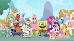 Size: 1201x665 | Tagged: safe, artist:darkmoonanimation, derpibooru import, apple bloom, applejack, fluttershy, pinkie pie, rainbow dash, rarity, scootaloo, spike, sweetie belle, twilight sparkle, crossover, female, image, jpeg, male, mr. krabs, patrick star, sandy cheeks, spongebob squarepants, spongebob squarepants (character), squidward tentacles