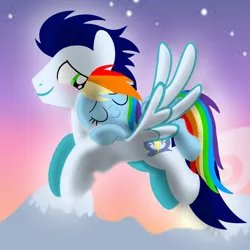 Size: 1400x1400 | Tagged: safe, artist:mlplary6, derpibooru import, rainbow dash, soarin', pegasus, pony, blushing, boyfriend and girlfriend, carrying, exhausted, female, flying, image, love, male, mare, mountain, png, romantic, shipping, sleeping, smiling, soarindash, stallion, straight, sunset