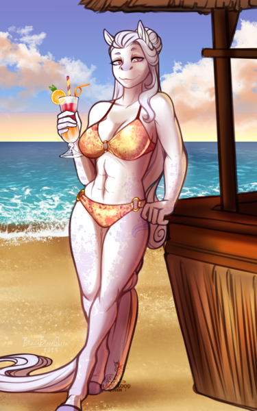 Size: 2209x3532 | Tagged: suggestive, artist:blackblood-queen, derpibooru import, oc, unofficial characters only, anthro, earth pony, unguligrade anthro, abs, anthro oc, beach, bikini, breasts, clothes, cloud, commission, drink, earth pony oc, female, image, png, smiling, solo, solo female, swimsuit