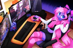 Size: 1620x1080 | Tagged: safe, artist:scarlet-spectrum, derpibooru import, oc, oc:cinnabyte, oc:lillybit, unofficial characters only, anthro, earth pony, belly button, chair, clothes, commission, female, gamer, gaming chair, gaming headset, headset, image, keyboard, leaning back, looking at you, midriff, monitor, office chair, plushie, png, poké ball, pokémon, socks, solo, thigh highs