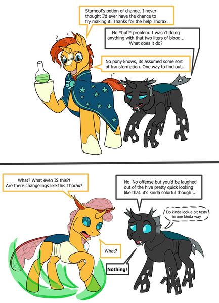 Size: 932x1290 | Tagged: safe, artist:termyotter, derpibooru import, sunburst, thorax, changedling, changeling, pony, unicorn, atg 2023, changedlingified, changelingified, image, jpeg, newbie artist training grounds, potion, species swap, transformation