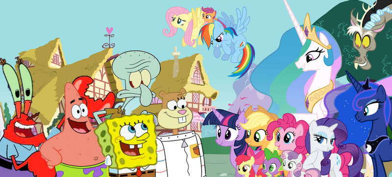 Size: 1327x602 | Tagged: safe, artist:darkmoonanimation, derpibooru import, apple bloom, applejack, fluttershy, pinkie pie, princess celestia, princess luna, rainbow dash, rarity, scootaloo, spike, sweetie belle, twilight sparkle, crossover, female, image, jpeg, male, mr. krabs, patrick star, sandy cheeks, spongebob squarepants, spongebob squarepants (character), squidward tentacles