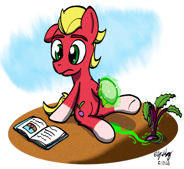 Size: 600x550 | Tagged: safe, artist:ebbysharp, derpibooru import, sprout cloverleaf, earth pony, pony, g5, book, bracelet, earth pony magic, image, jewelry, magic, male, png, radish, solo, stallion