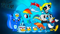 Size: 1192x671 | Tagged: safe, artist:fanvideogames, derpibooru import, rainbow dash, angry birds, bubbles (powerpuff girls), crossover, disney, donald duck, female, happy tree friends, image, male, mugman, png, the powerpuff girls