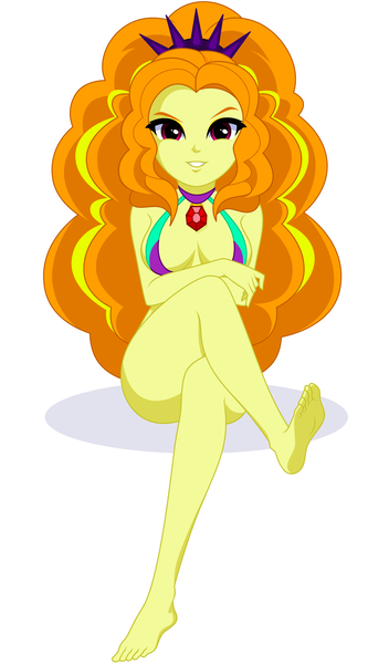 Size: 2421x4129 | Tagged: suggestive, artist:rosemile mulberry, derpibooru import, adagio dazzle, human, equestria girls, barefoot, beautiful, bikini, bikini babe, bottomless, breasts, busty adagio dazzle, cleavage, clothes, crossed legs, feet, female, full body, gem, grin, headband, high res, image, legs, looking at you, nudity, partial nudity, png, simple background, siren gem, sitting, smiling, solo, spiked headband, swimsuit, updated design, white background