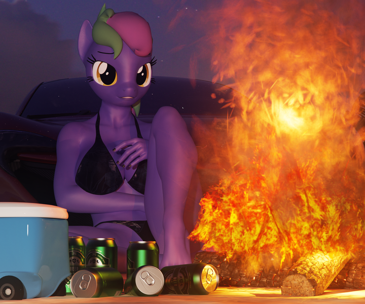 Size: 3600x3000 | Tagged: suggestive, artist:dashie116, derpibooru import, oc, oc:lishka, unofficial characters only, anthro, plantigrade anthro, pony, 3d, anthro oc, bikini, blender, campfire, clothes, commissioner:biohazard, cooler, drink, eyebrows, eyelashes, female, image, looking at you, mare, png, soda, soda can, solo, swimsuit, two toned mane