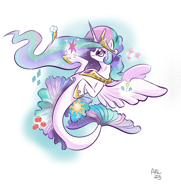 Size: 3995x4089 | Tagged: safe, artist:lytlethelemur, derpibooru import, princess celestia, alicorn, pony, seapony (g4), crown, dorsal fin, element of generosity, element of honesty, element of kindness, element of laughter, element of loyalty, element of magic, elements of harmony, ethereal mane, eyelashes, female, fin, fin wings, fins, fish tail, flowing mane, flowing tail, g4, gem, high res, hoof shoes, horn, image, jewelry, mare, ocean, peytral, png, regalia, requested art, seaponified, seapony celestia, signature, simple background, smiling, solo, species swap, starry mane, swimming, tail, underwater, water, white background, wings