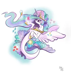 Size: 3995x4089 | Tagged: safe, artist:lytlethelemur, derpibooru import, princess celestia, alicorn, pony, seapony (g4), crown, dorsal fin, element of generosity, element of honesty, element of kindness, element of laughter, element of loyalty, element of magic, elements of harmony, ethereal mane, eyelashes, female, fin, fin wings, fins, fish tail, flowing mane, flowing tail, g4, gem, high res, hoof shoes, horn, image, jewelry, mare, ocean, peytral, png, regalia, requested art, seaponified, seapony celestia, signature, simple background, smiling, solo, species swap, starry mane, swimming, tail, underwater, water, white background, wings