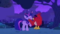 Size: 1192x671 | Tagged: safe, artist:fanvideogames, derpibooru import, twilight sparkle, twilight sparkle (alicorn), alicorn, angry birds, female, image, jpeg, kissing, male, red bird, tree