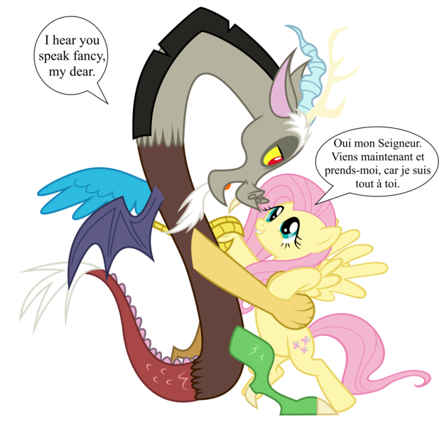 Size: 6310x6060 | Tagged: safe, artist:spottedlions, derpibooru import, edit, vector edit, discord, fluttershy, absurd resolution, dancing, discoshy, female, french, image, male, png, shipping, simple background, speaking fancy, speech bubble, straight, transparent background, vector