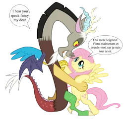 Size: 6310x6060 | Tagged: safe, artist:spottedlions, derpibooru import, edit, vector edit, discord, fluttershy, absurd resolution, dancing, discoshy, female, french, image, male, png, shipping, simple background, speaking fancy, speech bubble, straight, transparent background, vector
