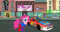 Size: 1217x657 | Tagged: safe, artist:fanvideogames, derpibooru import, pinkie pie, car, clothes, female, image, jpeg, looking at you, nascar, racecar, racing suit
