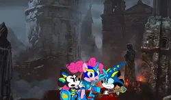 Size: 1166x686 | Tagged: safe, artist:fanvideogames, derpibooru import, pinkie pie, armor, armored pony, female, image, jpeg, male, mickey mouse, minnie mouse